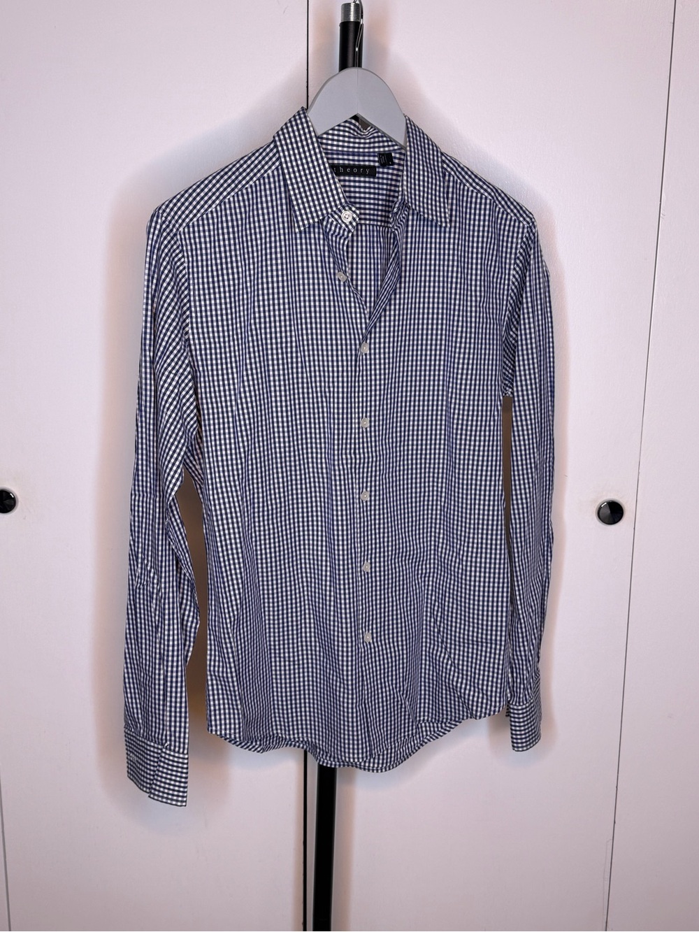 Theory Men's Blue Gingham Button-Down Shirt - Classic Casual - Small